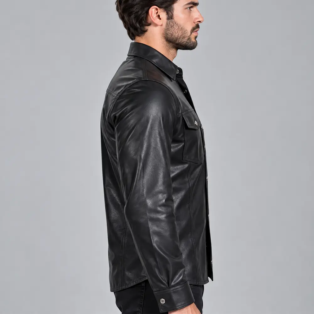 Black Leather Mens Shirt - Image 3