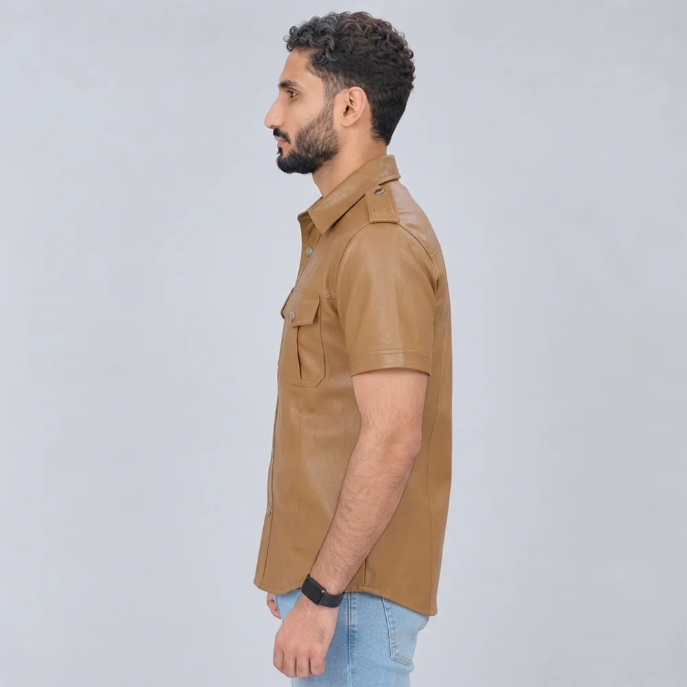 Brown Leather Shirt Mens - Image 3