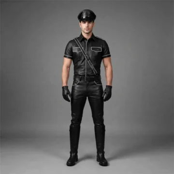 black leather gear mens front view custom uniform